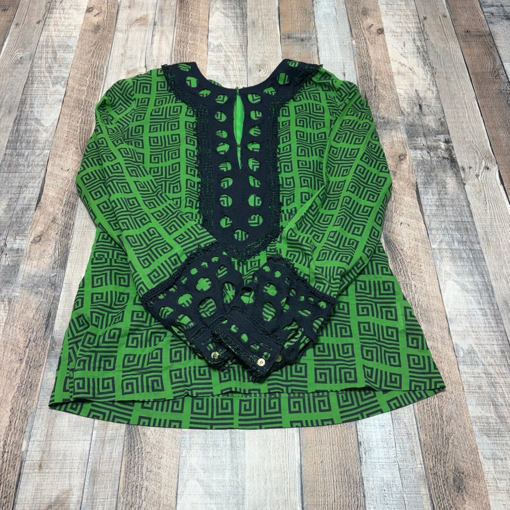 Tory Burch Tunic Blouse Womens 12 Green Geometric Greek Key Crochet Lace Cutout